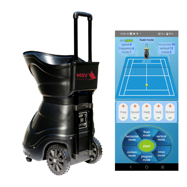 Tennisballmaschine MSV PlayTec schwarz, Fernbed. und Smartphone APP Steuerung, Ladeg., Lithium-Akku und Netzbetrieb